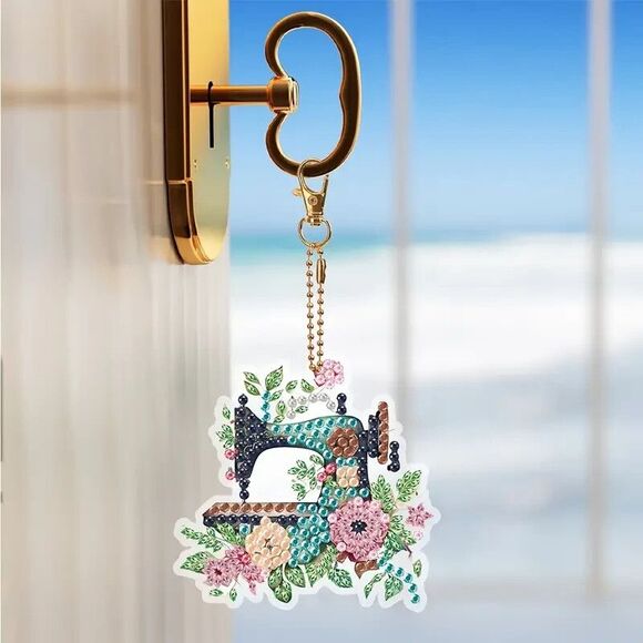 DIY Vintage Sewing Machine Key Chain Diamond Painting Pendant 9-pc Craft Gift - Picture 8 of 10